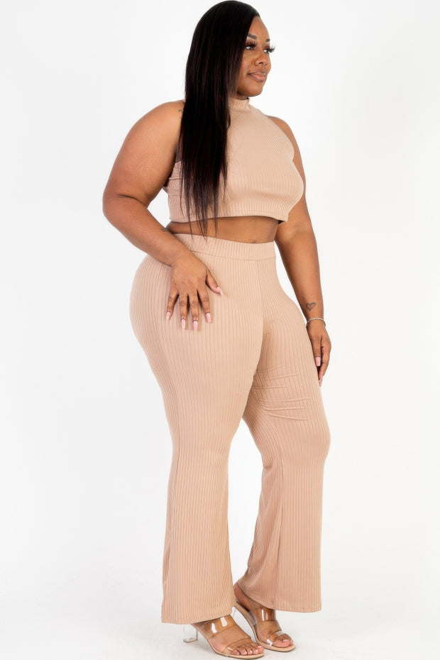 Plus Size Ribbed Mock Neck Crop Tank Top  & Bootcut Pants Set