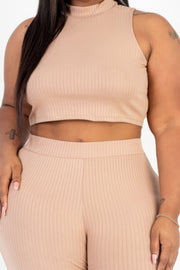 Plus Size Ribbed Mock Neck Crop Tank Top  & Bootcut Pants Set