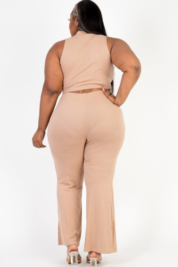 Plus Size Ribbed Mock Neck Crop Tank Top  & Bootcut Pants Set