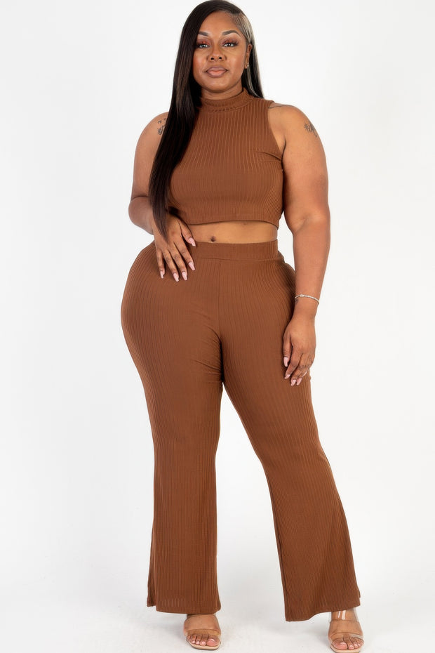 Plus Size Ribbed Mock Neck Crop Tank Top  & Bootcut Pants Set