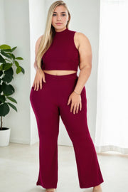 Plus Size Ribbed Mock Neck Crop Tank Top  & Bootcut Pants Set