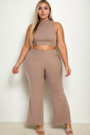 Plus Size Ribbed Mock Neck Crop Tank Top  & Bootcut Pants Set