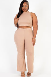 Plus Size Ribbed Mock Neck Crop Tank Top  & Bootcut Pants Set