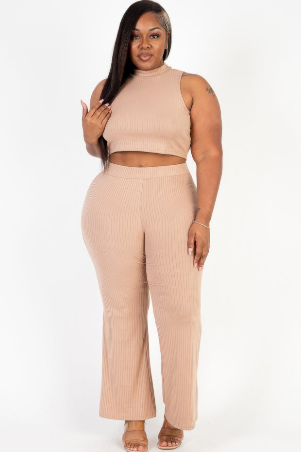 Plus Size Ribbed Mock Neck Crop Tank Top  & Bootcut Pants Set