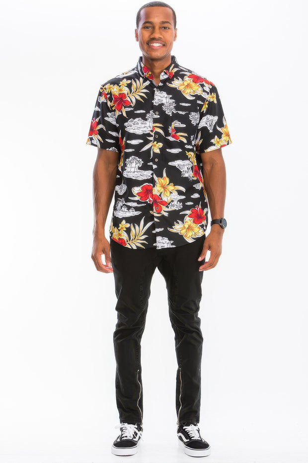 Mens Print Hawaiian Button Down Shirt