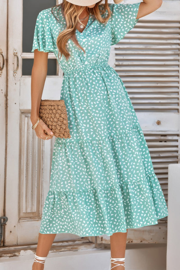 V Neck Ruffles Tiered Sleeve Smocked Midi Dress