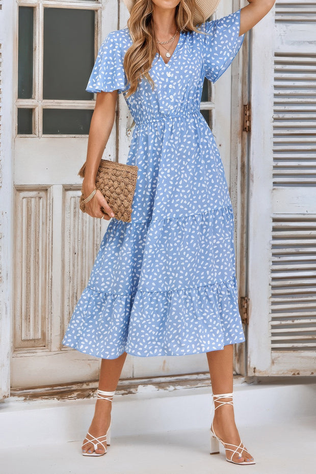 V Neck Ruffles Tiered Sleeve Smocked Midi Dress