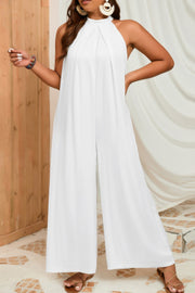 Plus Solid Sleeveless Halter Wide Leg Jumpsuit
