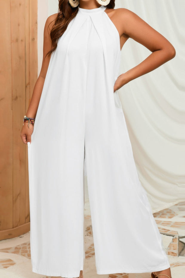 Plus Solid Sleeveless Halter Wide Leg Jumpsuit