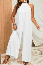 Plus Solid Sleeveless Halter Wide Leg Jumpsuit
