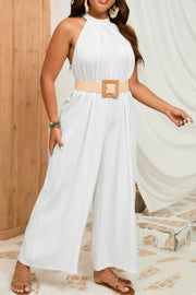 Plus Solid Sleeveless Halter Wide Leg Jumpsuit