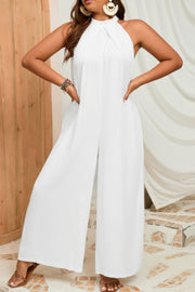 Plus Solid Sleeveless Halter Wide Leg Jumpsuit