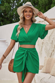 Two Pieces V Neck Ruffle Crop Shirt And Wrap Sets