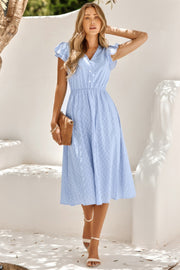 V Neck Short Sleeve Solid Ruffle A Line Midi Dress