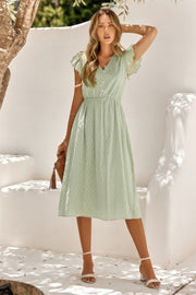 V Neck Short Sleeve Solid Ruffle A Line Midi Dress