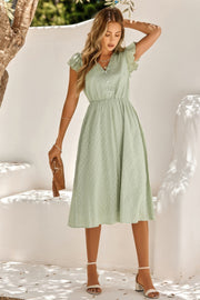 V Neck Short Sleeve Solid Ruffle A Line Midi Dress