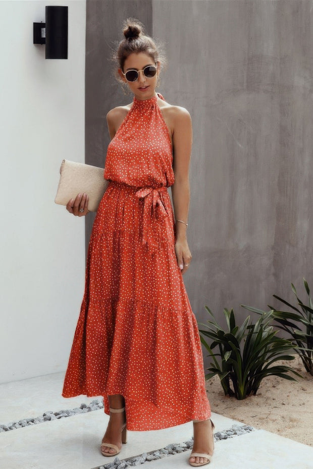 Tie Back Polka Dot Ruffle Hem Halter Dress