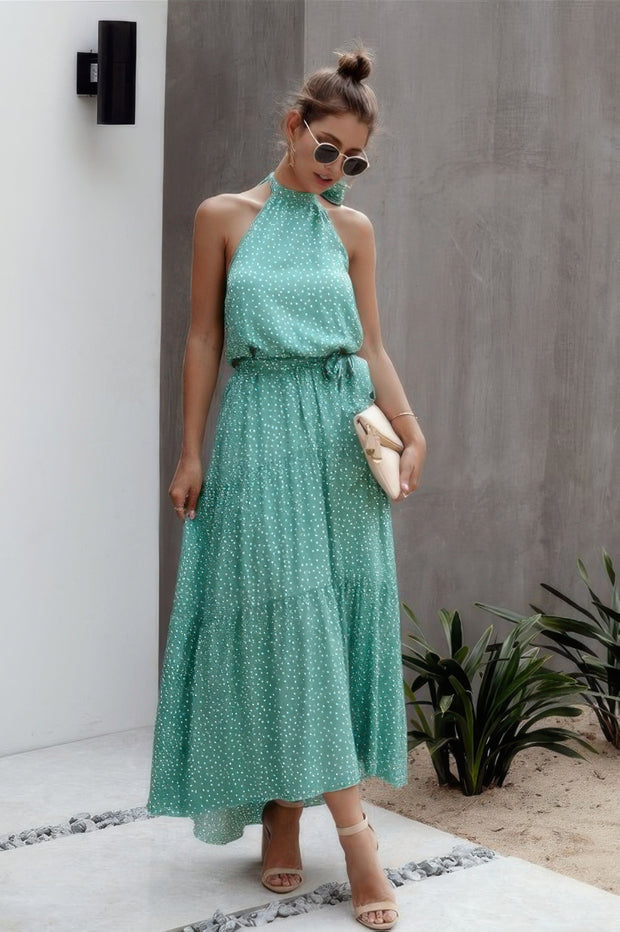Tie Back Polka Dot Ruffle Hem Halter Dress