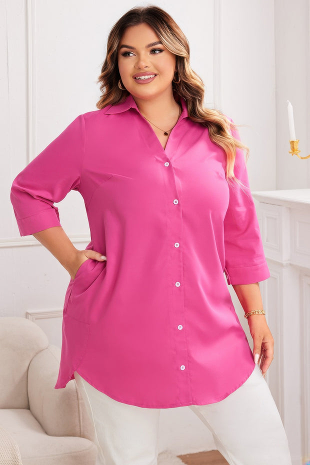 Plus A Line Button Loose Fit Pockets Solid Dress