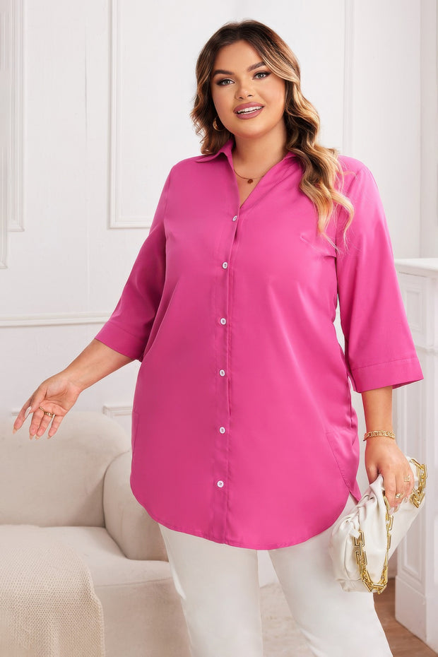 Plus A Line Button Loose Fit Pockets Solid Dress