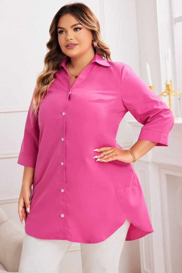 Plus A Line Button Loose Fit Pockets Solid Dress