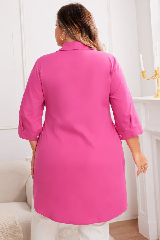 Plus A Line Button Loose Fit Pockets Solid Dress