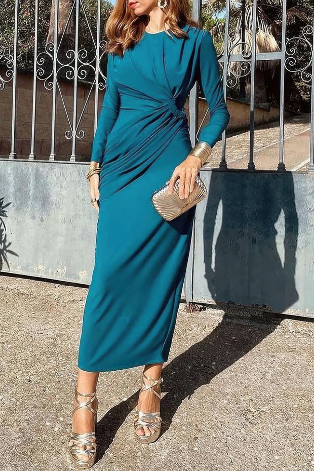 Elegant Round Neck Solid Ruched Wrap Hem Dress