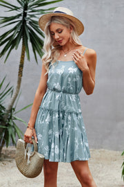 Floral Sleeveless A Line Ruffle Hem Mini Dress