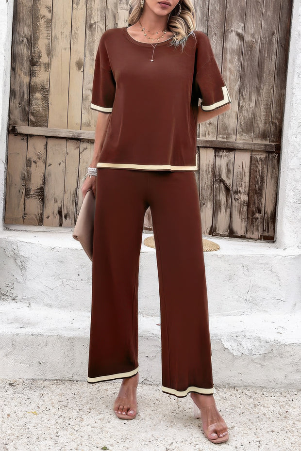 Two Pieces Outfits Knit Short Sleeve Wide Leg Lounge
