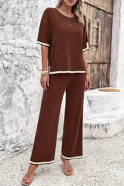Two Pieces Outfits Knit Short Sleeve Wide Leg Lounge