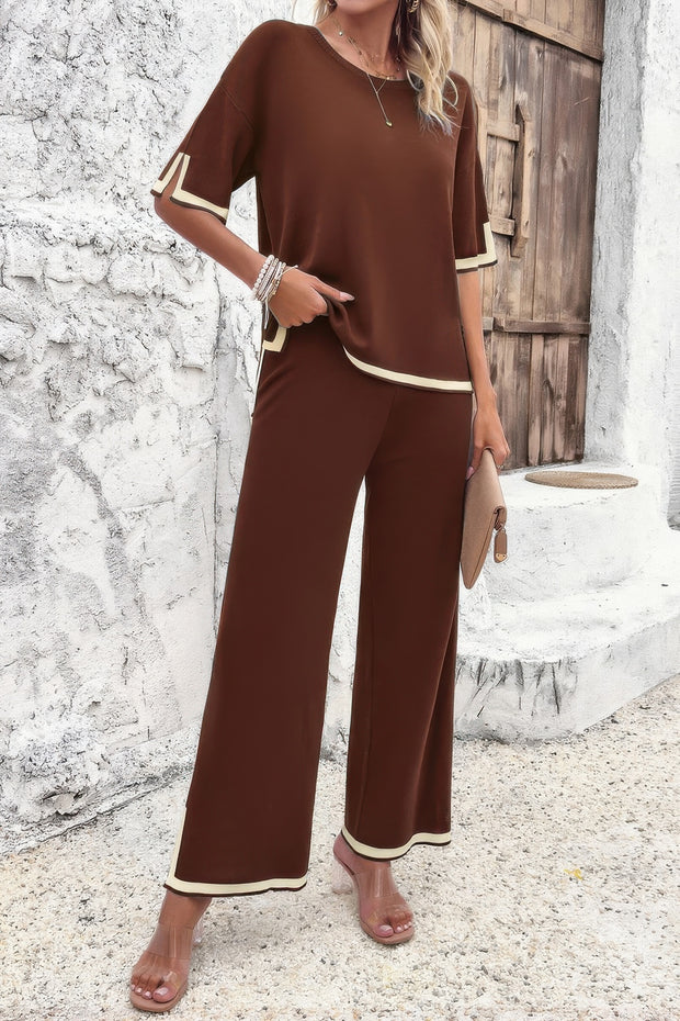 Two Pieces Outfits Knit Short Sleeve Wide Leg Lounge
