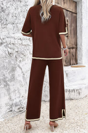Two Pieces Outfits Knit Short Sleeve Wide Leg Lounge