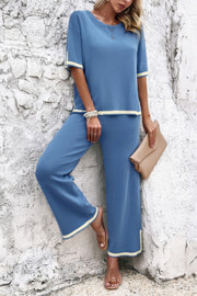 Two Pieces Outfits Knit Short Sleeve Wide Leg Lounge