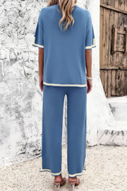 Two Pieces Outfits Knit Short Sleeve Wide Leg Lounge