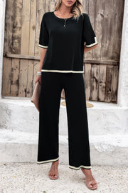Two Pieces Outfits Knit Short Sleeve Wide Leg Lounge