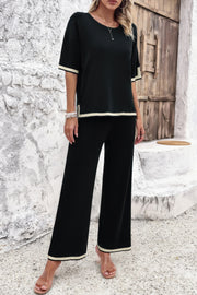 Two Pieces Outfits Knit Short Sleeve Wide Leg Lounge