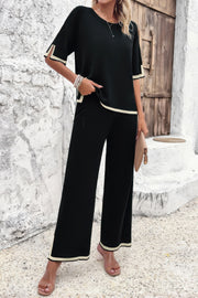 Two Pieces Outfits Knit Short Sleeve Wide Leg Lounge