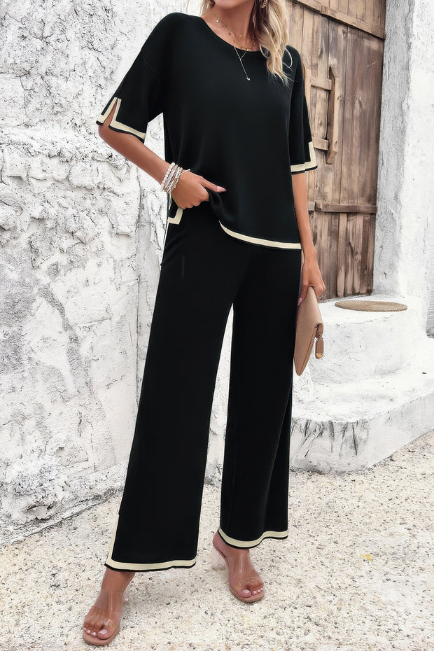 Two Pieces Outfits Knit Short Sleeve Wide Leg Lounge
