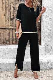 Two Pieces Outfits Knit Short Sleeve Wide Leg Lounge