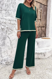 Two Pieces Outfits Knit Short Sleeve Wide Leg Lounge