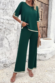 Two Pieces Outfits Knit Short Sleeve Wide Leg Lounge