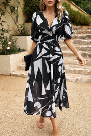 Bohemian V Neck Elastic Waisted Band Midi Dress