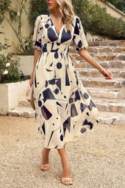Bohemian V Neck Elastic Waisted Band Midi Dress