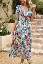 Bohemian V Neck Elastic Waisted Band Midi Dress