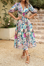 Bohemian V Neck Elastic Waisted Band Midi Dress