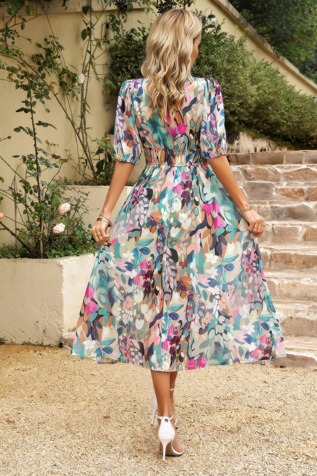 Bohemian V Neck Elastic Waisted Band Midi Dress