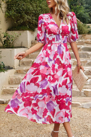 Bohemian V Neck Elastic Waisted Band Midi Dress