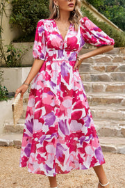 Bohemian V Neck Elastic Waisted Band Midi Dress