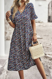 Boho Floral Ruffle Hem V Neck Short Sleeve Dress