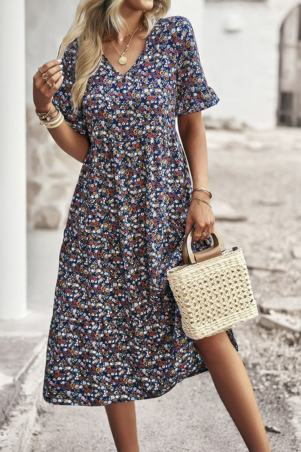 Boho Floral Ruffle Hem V Neck Short Sleeve Dress